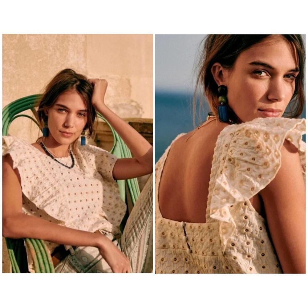 NEW Sezane Forta Blouse in Ecru Beige Womens 2 Cotton Ruffle Embroidered